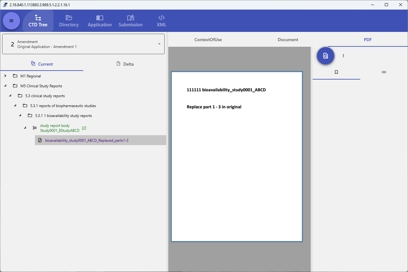 Power Viewer showing the PDF of a document selected in the CTD tree, side by side in the same window